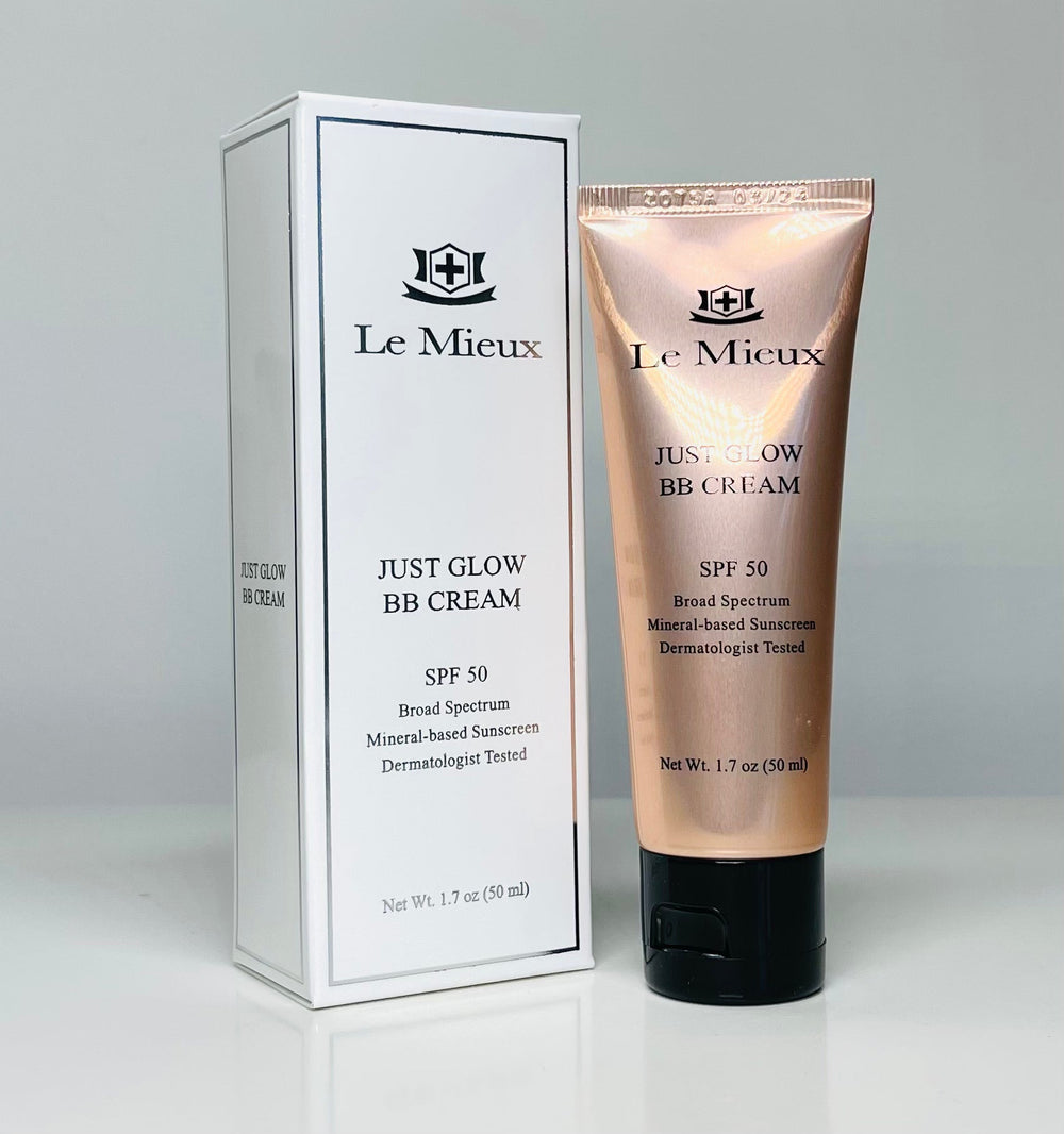 Le Mieux Just Glow BB Cream in a tube, showcasing its sun protection features and lightweight formula.