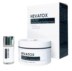 TOV Hevatox PHA/AHA exfoliating and firming pads in a jar with pads visible, showcasing the product's texture and design.