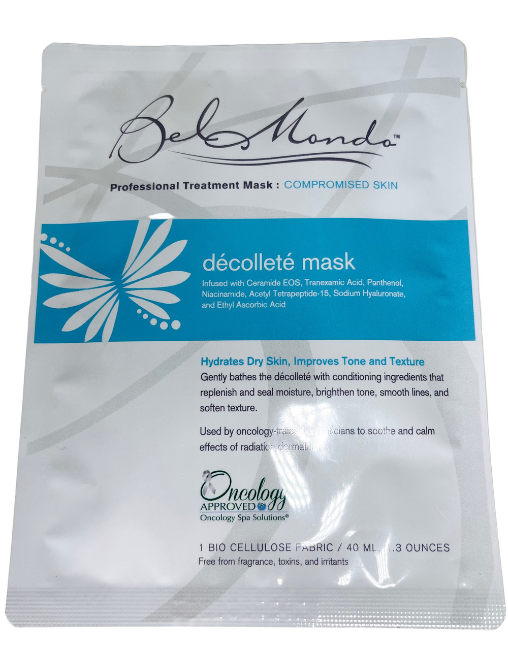 Bel Mondo Beauty décolletage sheet mask displayed on a smooth surface, showcasing its unique shape and design.
