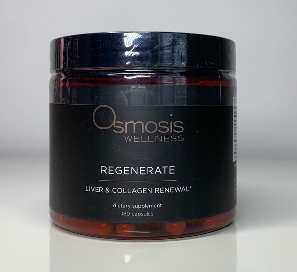 Osmosis Beauty Regenerate Liver & Collagen Renewal vitamins bottle with label, featuring natural health supplement imagery.