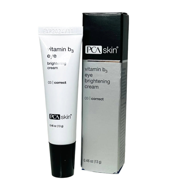 PCA Skin Vitamin B3 Eye Brightening Cream in a jar, designed for the eye, neck, and lip areas with a smooth texture.
