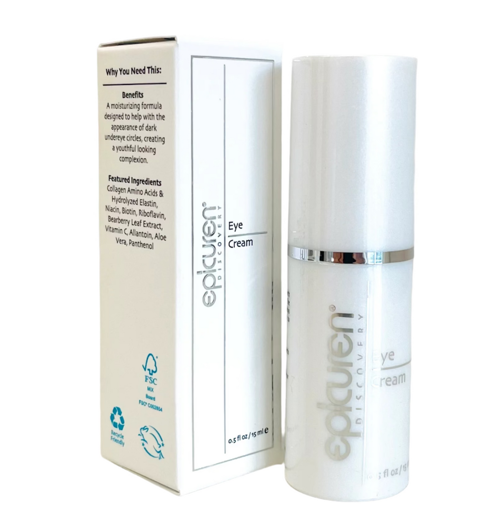 Epicuren Discovery anti-aging eye cream in a 0.5 Fl Oz jar with a smooth, creamy texture and elegant packaging.
