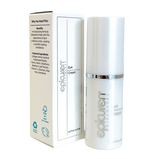 Epicuren Discovery anti-aging eye cream in a 0.5 Fl Oz jar with a smooth, creamy texture and elegant packaging.
