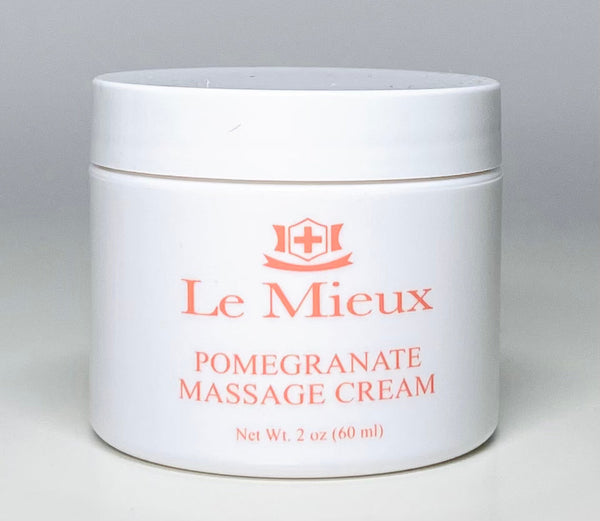 Le Mieux Pomegranate Massage Cream in a jar, featuring a rich texture ideal for luxurious relaxation and skin exfoliation.