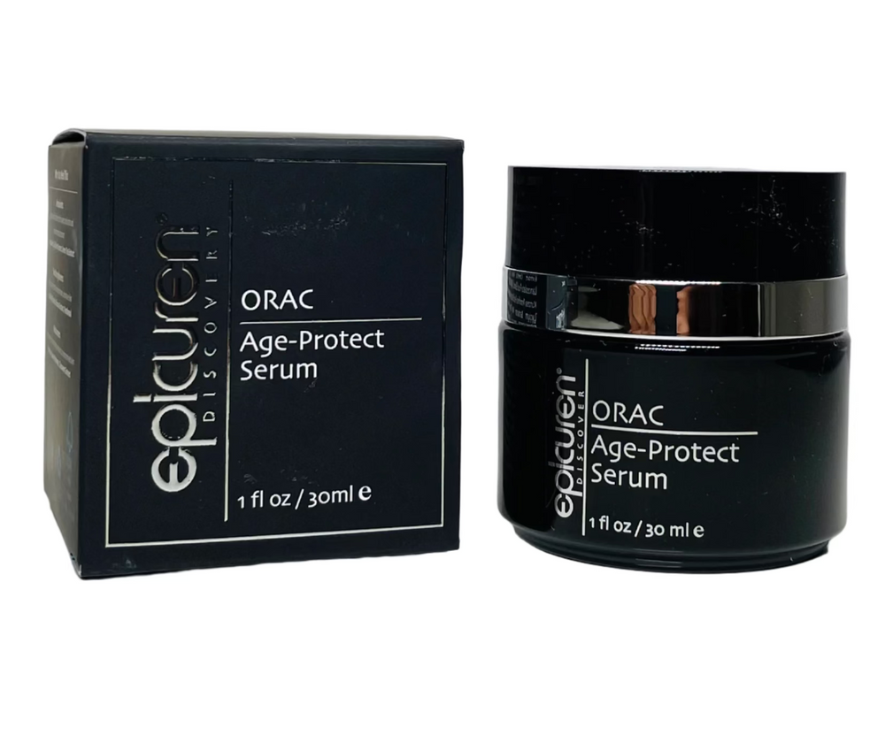 Epicuren Discovery Orac Age-protect Serum bottle, 1 Fl Oz, with a sleek design, showcasing its anti-aging properties.