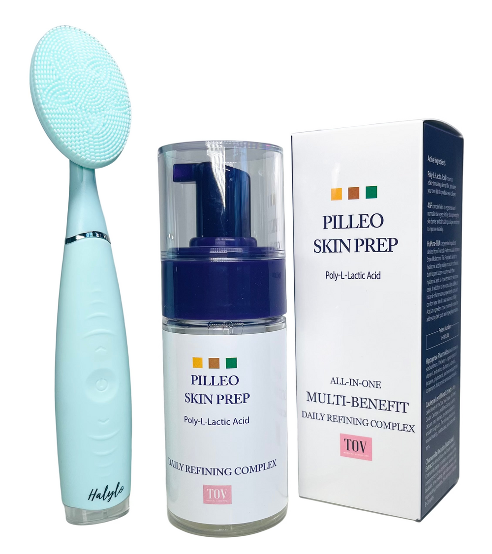 Tov Beauty Hop + Pilleo Skin Prep Daily Treatment Toner with refining complex and free brush on a white background.