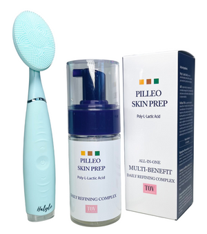 Tov Beauty Hop + Pilleo Skin Prep Daily Treatment Toner with refining complex and free brush on a white background.