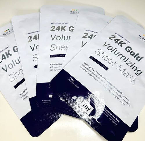 TOV House of PLLA HOP+ 24k Gold Volumizing Sheet Mask pack with five luxurious masks for skincare.