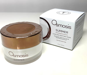 Osmosis Beauty Summer Cooling Enzyme Mask in a jar, surrounded by fresh summer fruits and a soothing blue background.