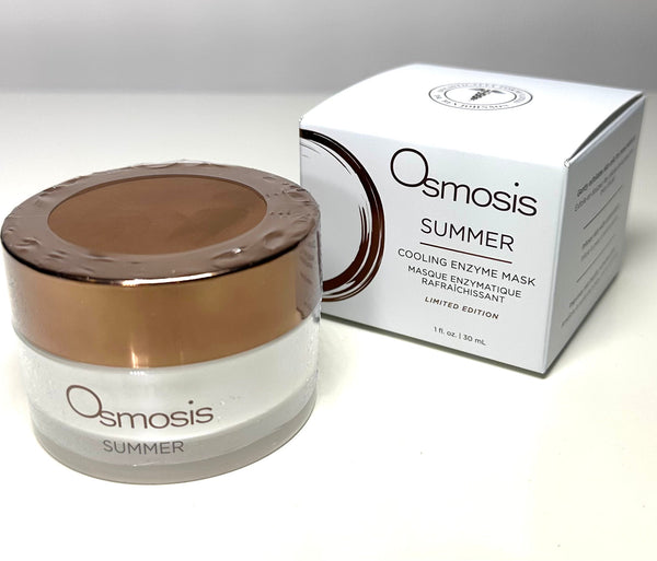 Osmosis Beauty Summer Cooling Enzyme Mask in a jar, surrounded by fresh summer fruits and a soothing blue background.