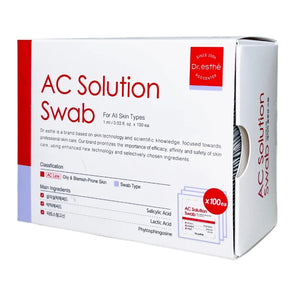 Dr. Esthe AC Solution Swab pack containing 100 swabs for targeted application and skincare needs.