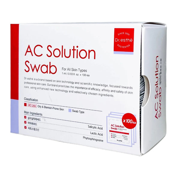 Dr. Esthe AC Solution Swab pack containing 100 swabs for targeted application and skincare needs.