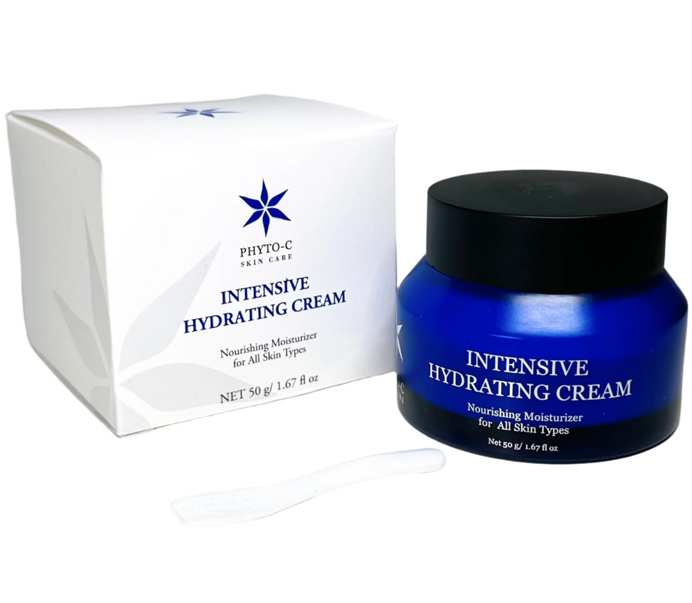 Phyto-C Skin Care Intensive Hydrating Cream in a 50g jar, showcasing its thick, creamy texture and elegant packaging.