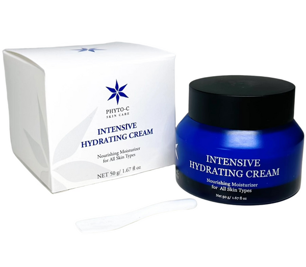 Phyto-C Skin Care Intensive Hydrating Cream in a 50g jar, showcasing its thick, creamy texture and elegant packaging.