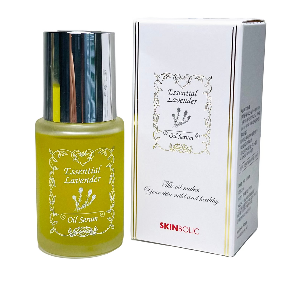 Skinbolic Lavender oil serum 30ML bottle with lavender flowers in the background, showcasing its calming properties.