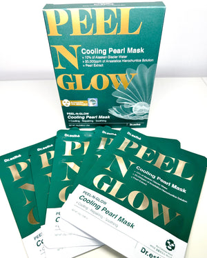 Dr. Esthe PEEL-N-GLOW Cooling Pearl Mask 5pcs in packaging, showcasing the cooling gel texture and pearl-like appearance.