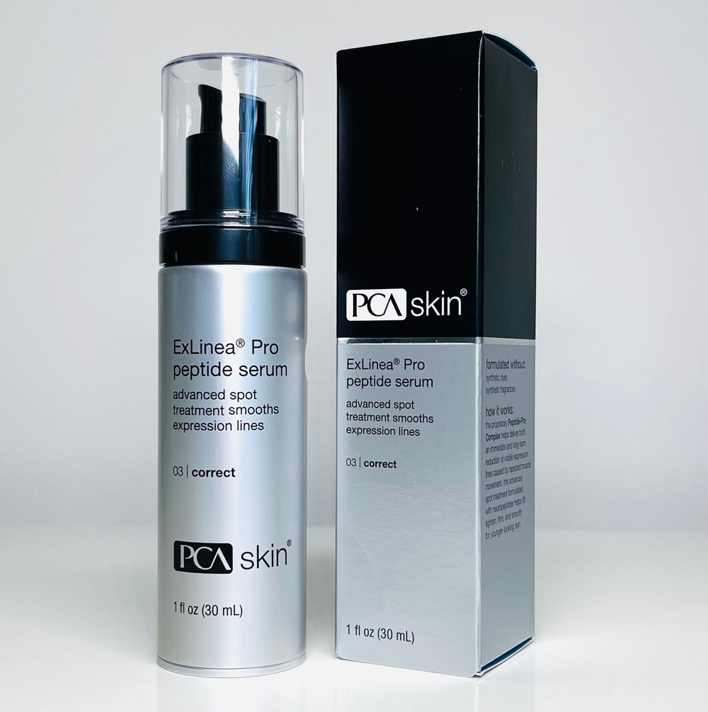 PCA Skin ExLinea Pro Peptide Serum bottle with a dropper, showcasing its sleek design and 1 fl oz size.