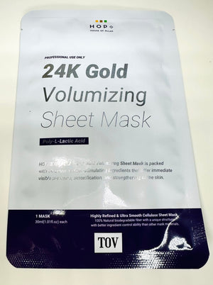 TOV House of PLLA HOP+ 24k Gold volumizing sheet mask pack, showcasing five individual masks and luxurious gold details.