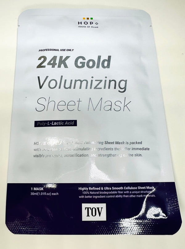 TOV House of PLLA HOP+ 24k Gold volumizing sheet mask pack, showcasing five individual masks and luxurious gold details.