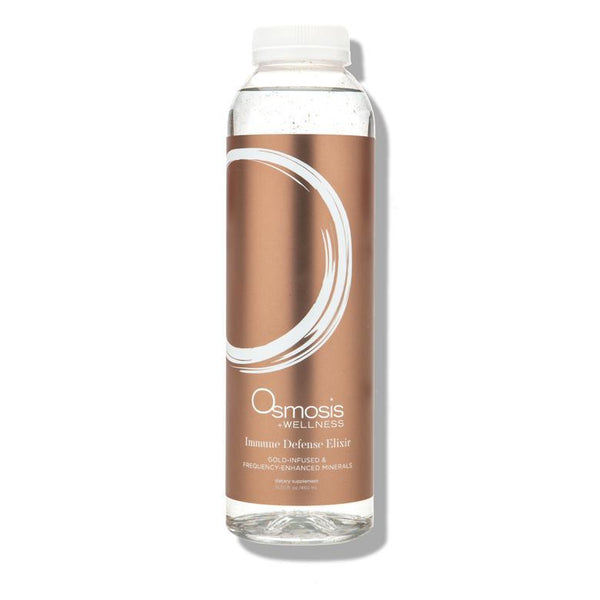 Osmosis Beauty Immune Defense Elixir with gold infusion and frequency enhanced minerals in a sleek glass bottle.