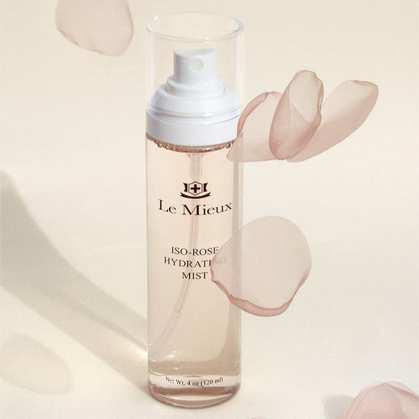 Le Mieux Iso-Rose Hydrating Mist in a 4oz spray bottle, refreshing toner with rose extract for skin hydration and nourishment.
