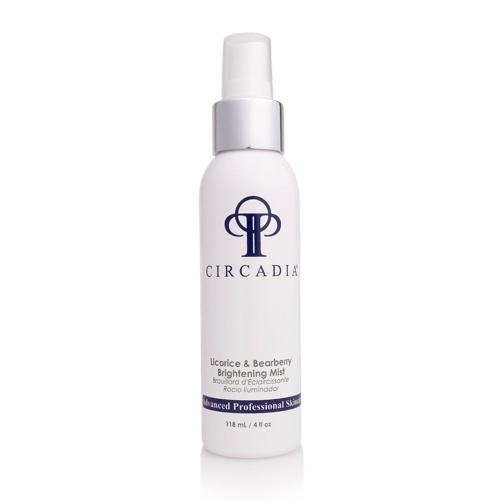Circadia Licorice & Bearberry Brightening Mist bottle with spray nozzle, highlighting its brightening skincare benefits.