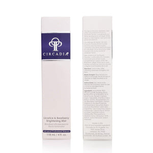 Circadia Licorice & Bearberry Brightening Mist with gel cleanser in a clear bottle, featuring a white cap and botanical label design.