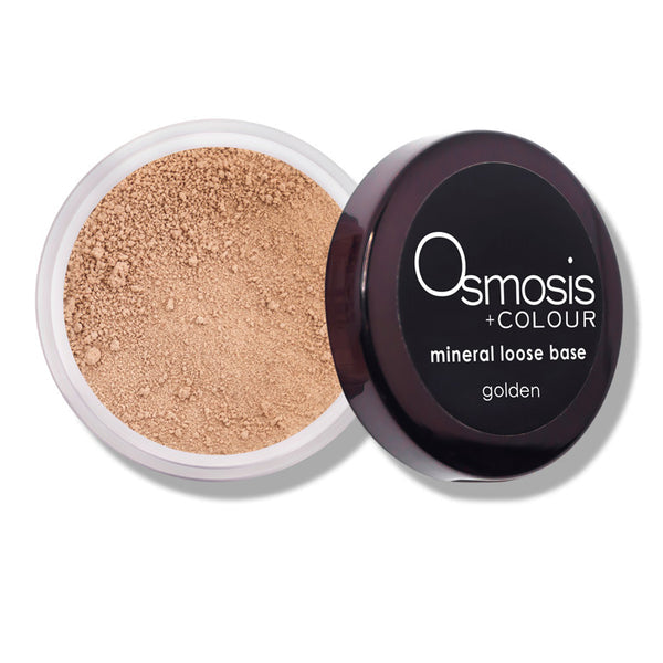 Osmosis Beauty Colour Mineral Loose Base bronzer in a golden shade, displayed in a clear container with a fine powder texture.