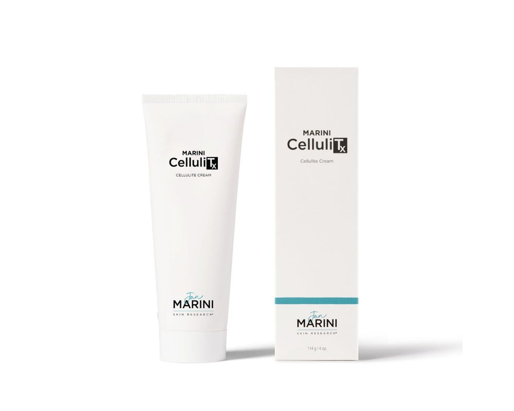 Jan Marini Marini CelluliTX body scrub in a clear jar with a textured scrub visible inside.