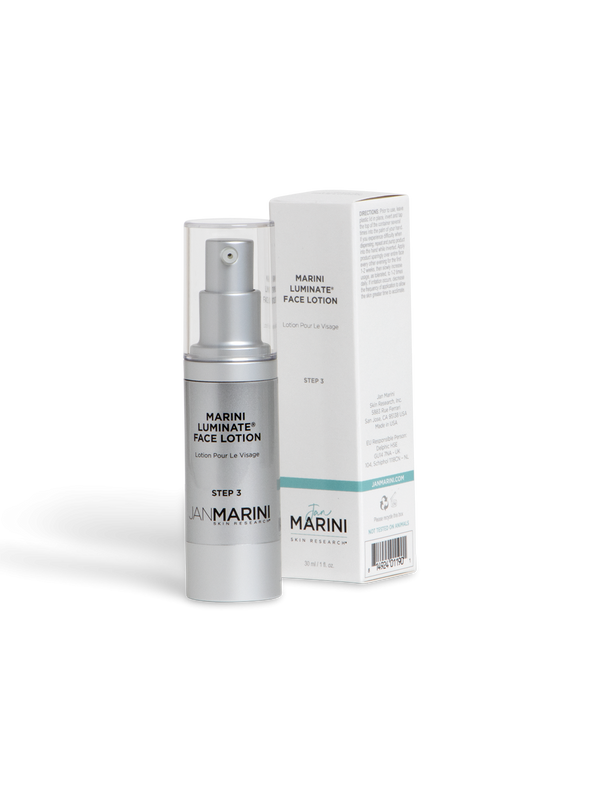 Jan Marini Luminate Face Lotion in a pump bottle, showcasing a creamy texture ideal for brightening the skin.