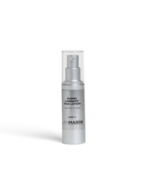 Jan Marini Luminate Face Lotion in a sleek bottle, showcasing creamy texture for brightening and hydrating skin.