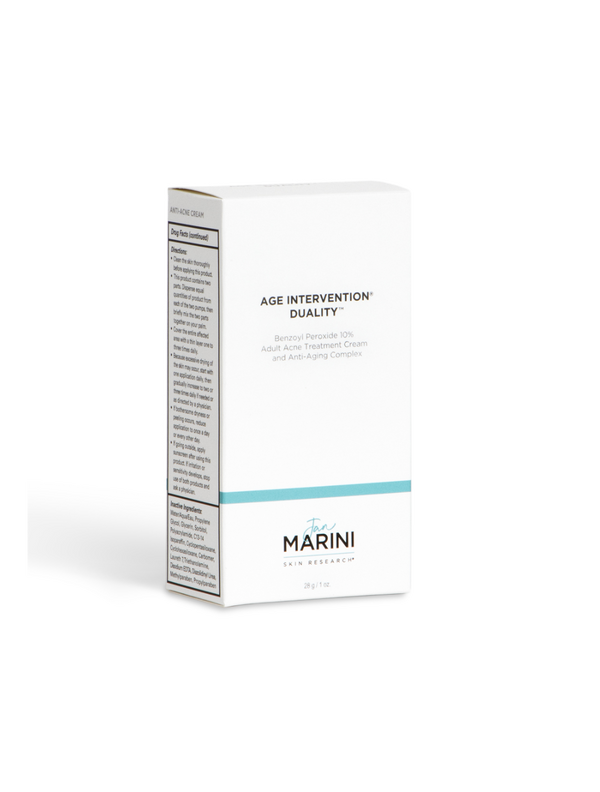 Jan Marini Age Intervention Duality serum for dark spots in a sleek bottle with a dropper on a clean background.