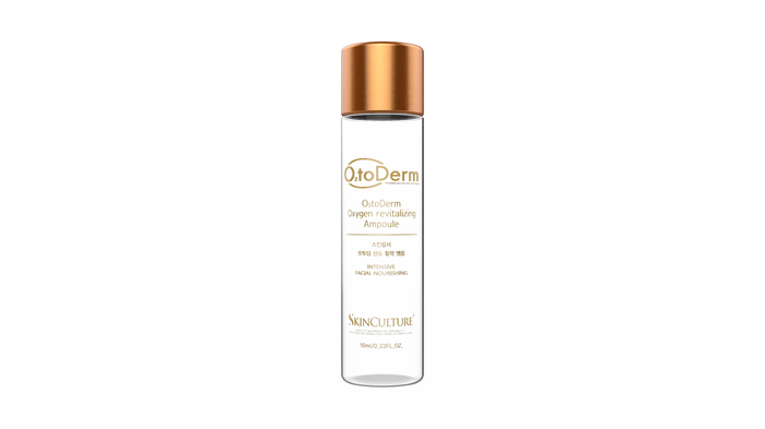 Skinculture O2toDerm Oxygen Revitalizing Ampoule vials in a box, featuring 10 x 10mL vials for skin revitalization.