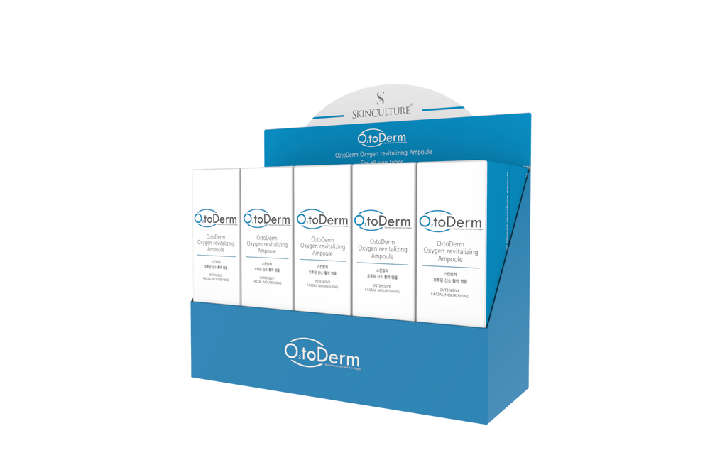 Skinculture O2toDerm Oxygen Revitalizing Ampoule vials in a box, featuring 10 x 10mL vials for skin revitalization.