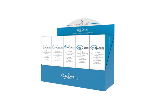 Skinculture O2toDerm Oxygen Revitalizing Ampoule vials in a box, featuring 10 x 10mL vials for skin revitalization.