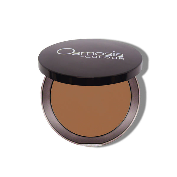 Osmosis Beauty Mineral Pressed Base in Earth shade, showcasing compact makeup with a smooth texture and natural finish.