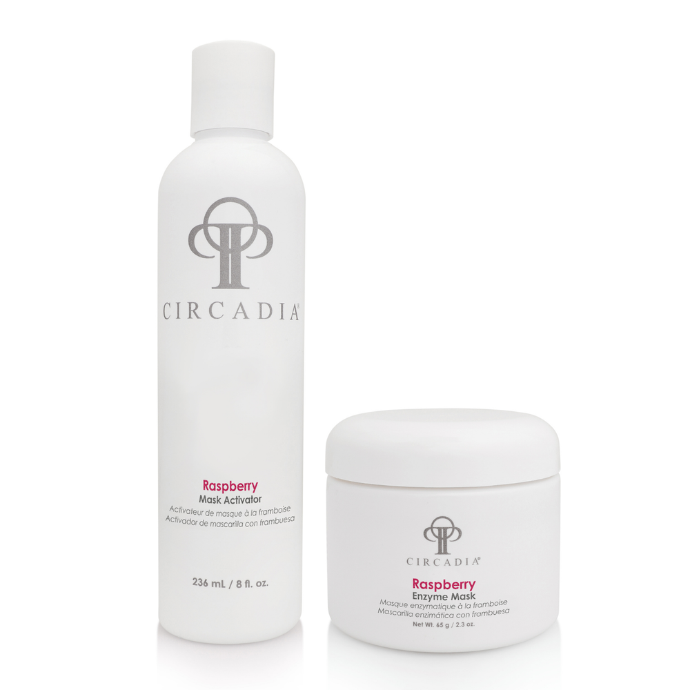 Circadia Raspberry Enzyme Set featuring skincare enzymes with fresh raspberries in a square packaging.