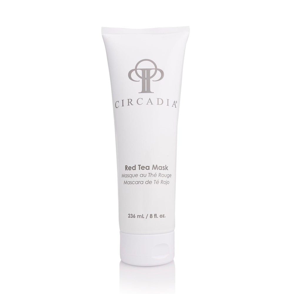 Circadia Red Tea Mask in a jar, showing the vibrant red tea-infused mask with a smooth, creamy texture for skincare.