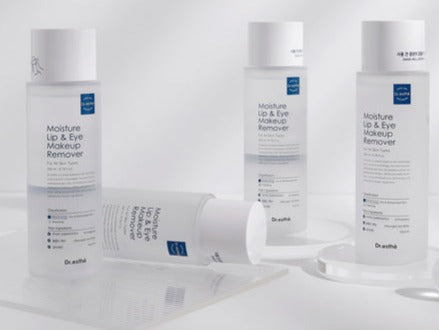 Dr. Esthe Moisture Lip & Eye Makeup Remover 200ml bottle with a sleek design, ideal for gentle makeup removal.