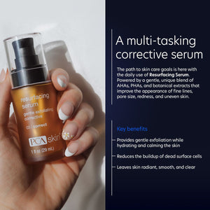 PCA Skin Resurfacing Serum bottle with a dropper, showcasing its lightweight texture and key benefits on a clean background.