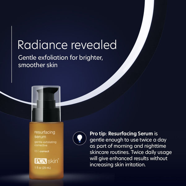 PCA Skin Resurfacing Serum in a 1 fl oz bottle with a dropper, showcasing its lightweight texture and sleek packaging.