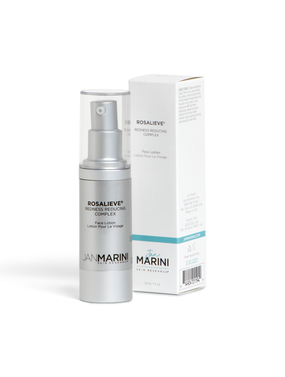 Jan Marini Rosalieve 30 ml bottle for redness relief with a sleek design and clear label on a white background.