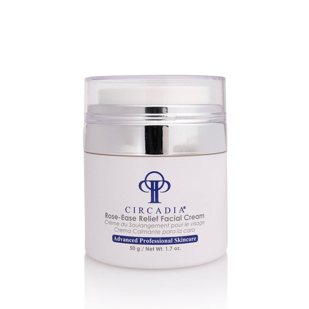 Circadia Rose-Ease Relief Cream gel cleanser with rose extracts, shown in a white tube with a blue cap.