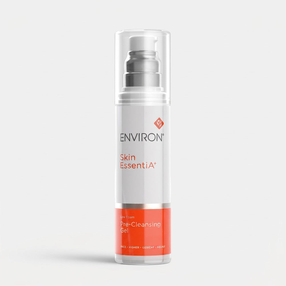 Environ Low Foam Cleansing Gel in a clear bottle with a pump dispenser, suitable for gentle facial cleansing.