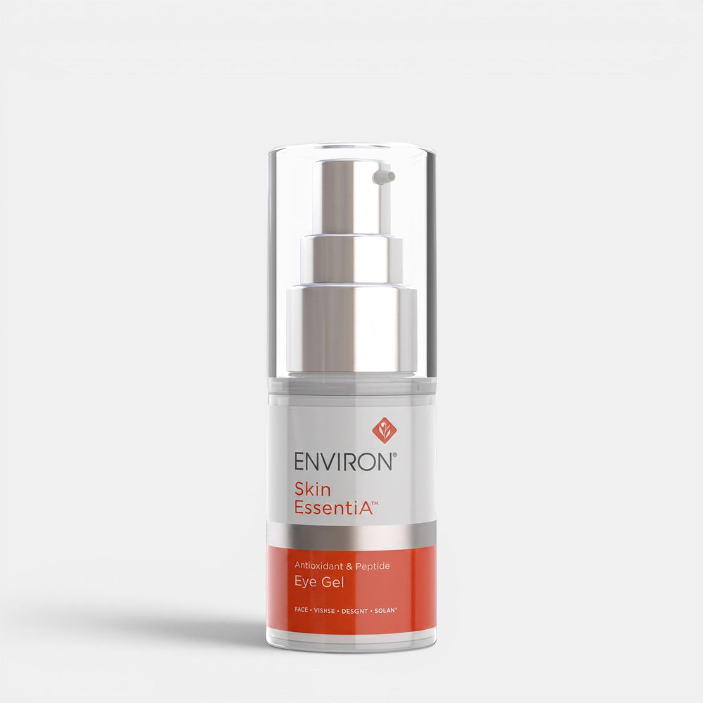 Environ Antioxidant & Peptide Eye Gel in pump bottle, designed for eye care with antioxidant and peptide ingredients.