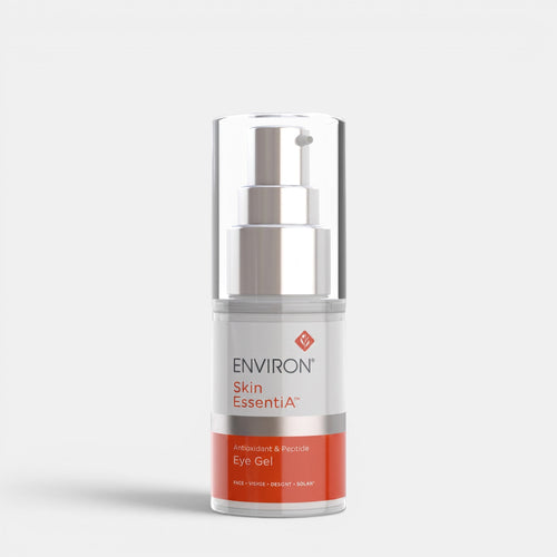 Environ Antioxidant & Peptide Eye Gel in pump bottle, designed for eye care with antioxidant and peptide ingredients.
