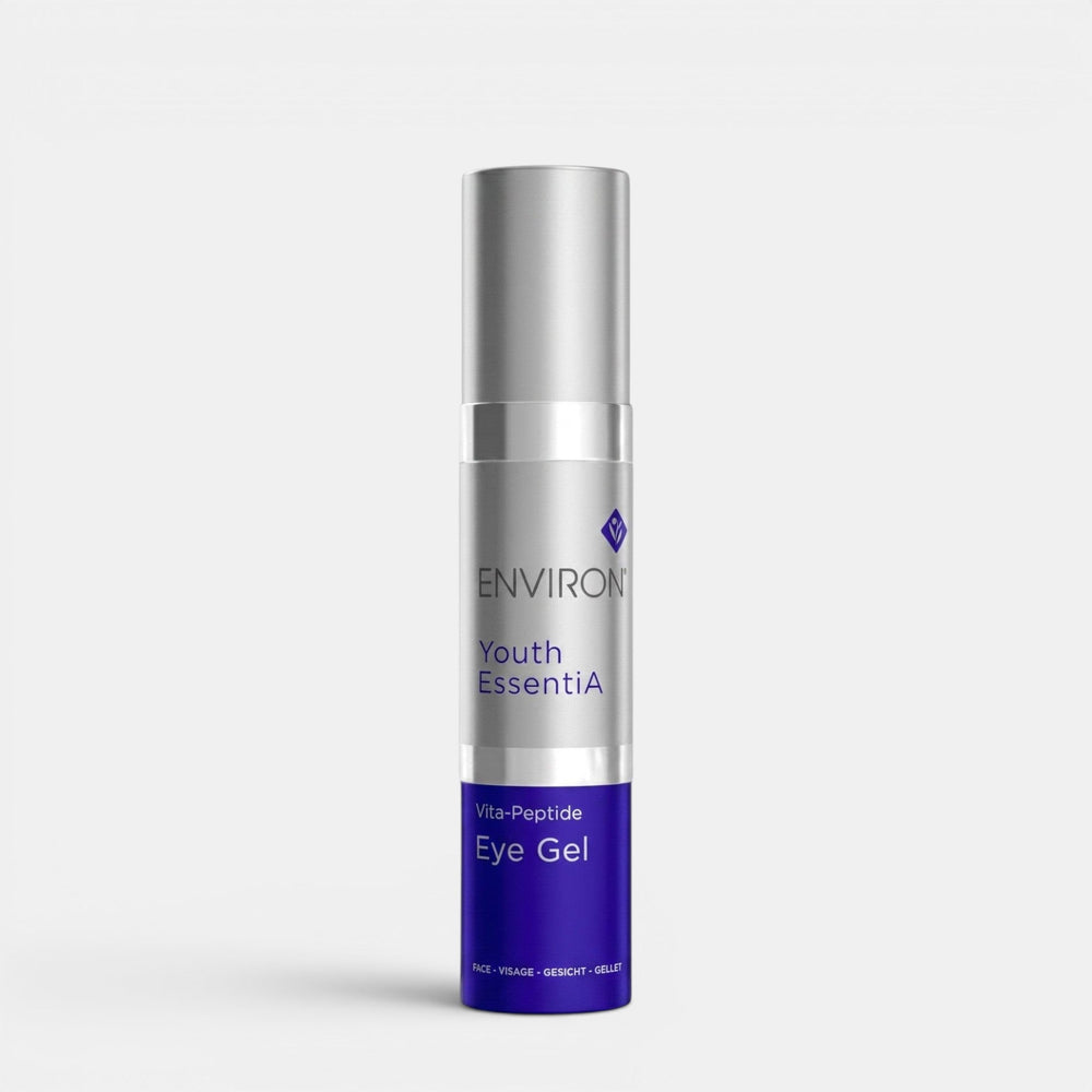 Environ Vita-Peptide Eye Gel for eye care, featuring a sleek tube with applicator, designed to reduce puffiness and fine lines.