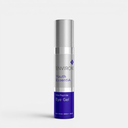 Environ Vita-Peptide Eye Gel for eye care, featuring a sleek tube with applicator, designed to reduce puffiness and fine lines.
