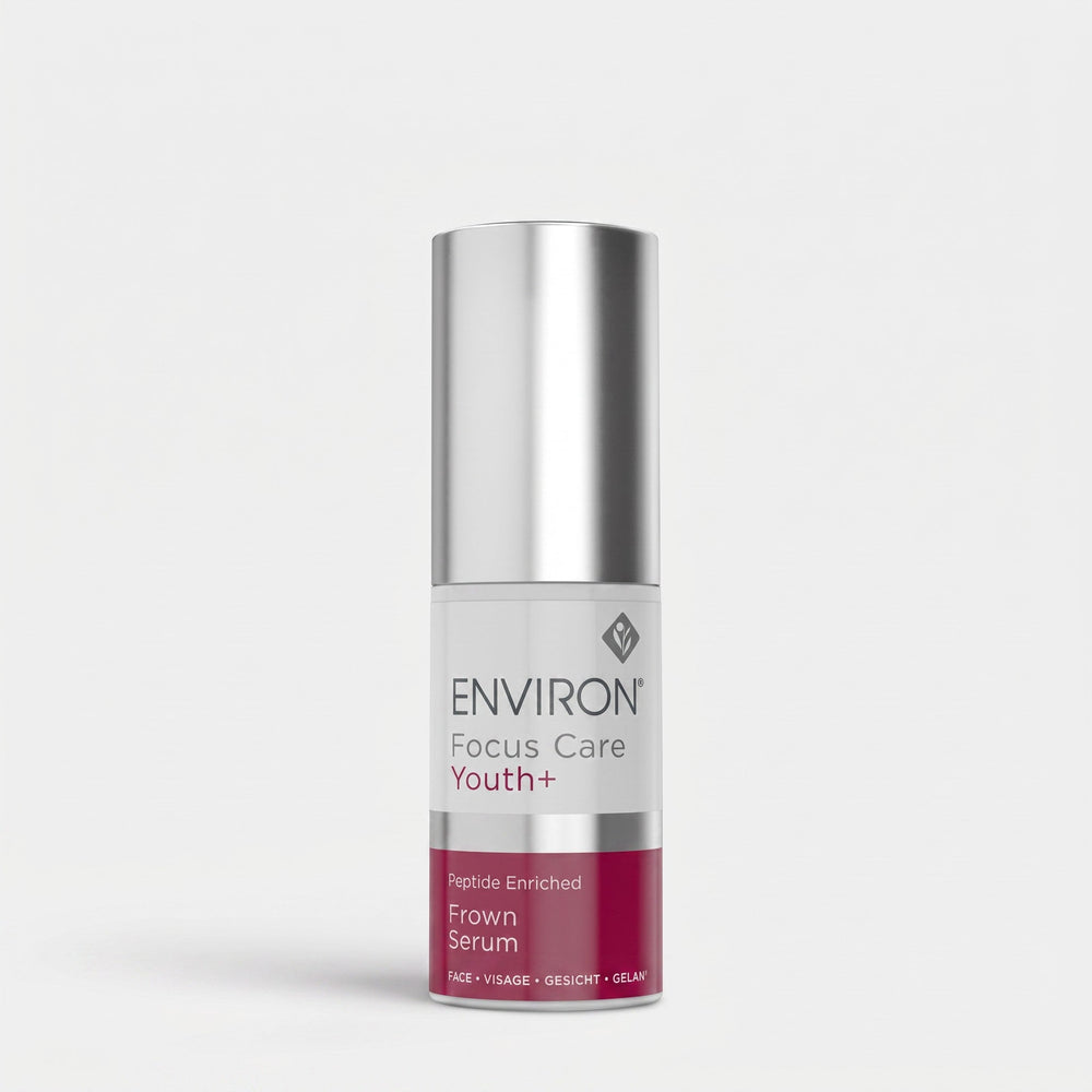 Environ Peptide Enriched Frown Serum in a clear dropper bottle, designed to reduce frown lines and improve skin elasticity.