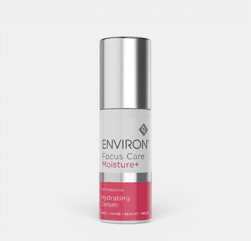 Environ HA Intensive Hydrating Serum bottle with dropper, hydrating skincare treatment for dry skin, in a clear glass container.